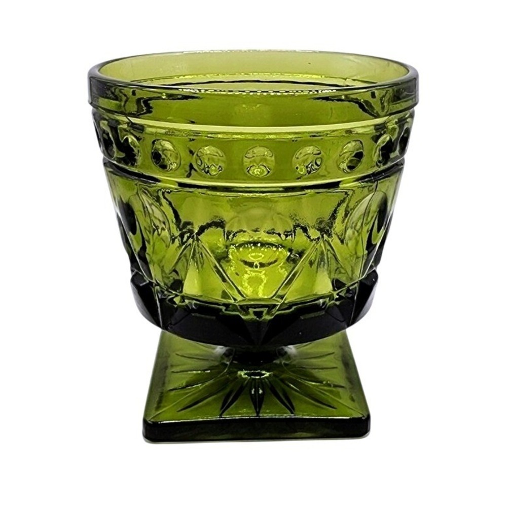Indiana Glass Footed Bowl Vntg Olive Green Thumbprint Diamond Square Base 4.5"